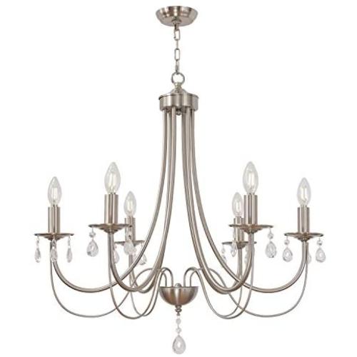 Brushed Nickel Chandelier with Clear Crystal Modern Farmhouse Lighting Candle 6 Lights Kitchen Pendant Lighting Hanging for Dining Room Living Room by Lucidce