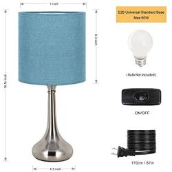 Bedside Table Lamps, Modern Brushed Nickel Nightstand Lamps Desk Lamps with Blue Fabric Shades for Living Room Family Bedroom Bedside Office(Set of 2)