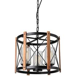 Eumyviv Wood Farmhouse Rustic Chandelier with Crack Finish Glass Shade, 3 Lights Vintage Industrial Hanging Light for Dinning Room, C0030