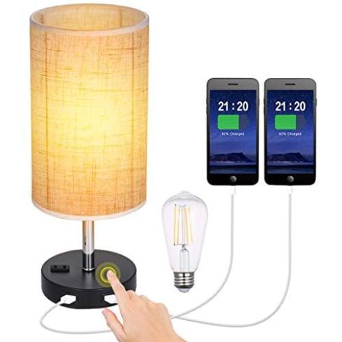 3 Way Dimmable Touch Control Table Lamp with 2 USB Ports and Power Outlet, Bedside Nightstand Lamp Simple Night Light Bedroom Lamp for Bedroom, Living Room, Office (6W Bulb Included)