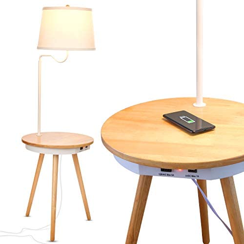 Brightech Owen - End Table with Lamp for Living Rooms, Wireless Charging Station & USB Ports Built in - Wood Nightstand / Side Table & LED Reading Light Attached for Bedrooms - Mid Century Modern