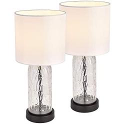 Cuaulans Mid Century Rustic Table Lamp, Bedside Nightstand Lamp, 16” Decorative Lamps with White Fabric Shade Textured Glass for Bedroom Living Room Kids Room Study Room Dorm, Set of 2, Black