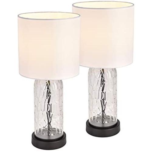 Cuaulans Mid Century Rustic Table Lamp, Bedside Nightstand Lamp, 16” Decorative Lamps with White Fabric Shade Textured Glass for Bedroom Living Room Kids Room Study Room Dorm, Set of 2, Black