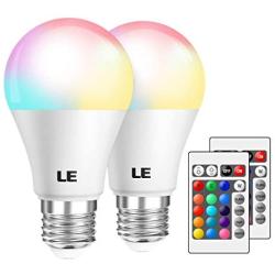 LE RGB Color Changing Light Bulbs with Remote, Dimmable LED Light Bulb, E26 Screw Base, 40 Watt Equivalent Soft Warm White, 16 Color Choices for Home Decor, Bedroom, Stage, Party and More, Pack of 2