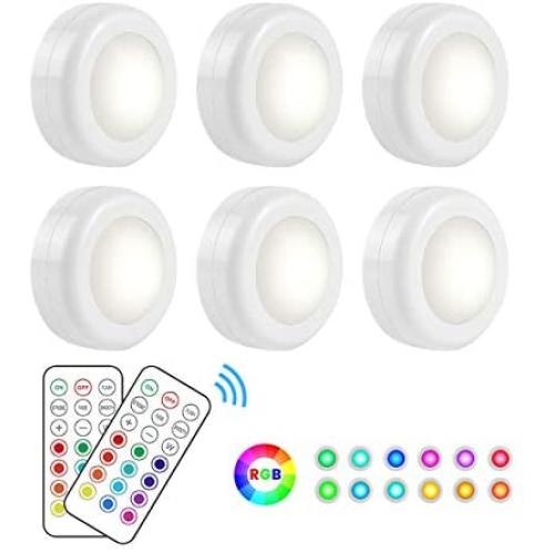 Wireless LED Puck Light 6 Pack with 2 Remote Control, RGB Color Changing & Dimmable LED Under Cabinet Lighting, Battery Powered Closet Lights for Kitchen, Stick On Lights-Small Size 3xAAA Battery