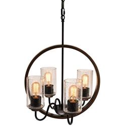 GZBtech Farmhouse Chandelier for Kitchen Island, 4-Lights 29.53'' Height Adjustable Black Globe Pendant Lighting Fixture, Ceiling Hanging Light with Seeded Glass Shade for Dining Room Over The Table