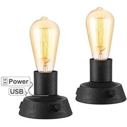 Wally Industrial Modern Accent Table Lamps Set of 2 with USB and Power Outlet Hotel Textured Black Vintage Edison LED Bulb for Living Room Bedroom Office Desk Study - 360 Lighting