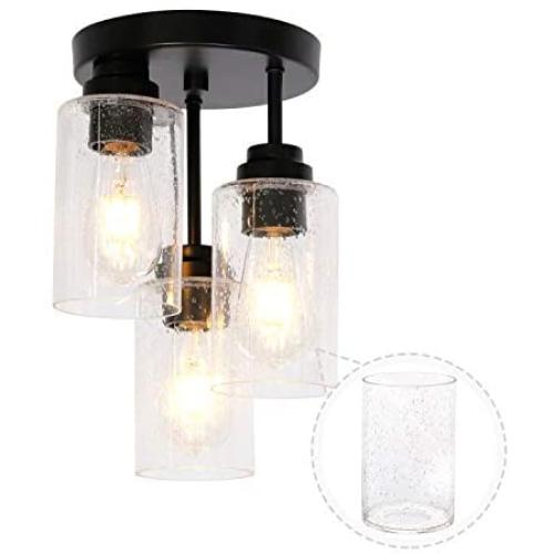 VINLUZ 3 Light Semi Flush Mount Ceiling Light Matte Black Contemporary Metal Art Hanging Fixtures with Seedy Glass Shade Pendant Lighting Kitchen Ceiling Light