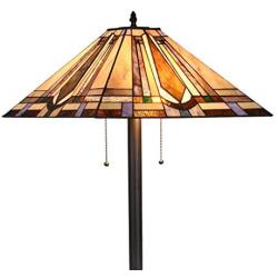 LB Lighting Tiffany Mission Style Floor Lamp Standing Light Fixtures 65-Inch Tall Stained Glass Shade 18-inch Wide Pull Chain for Bedroom, Living Room