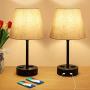 USB Bedside Table Lamp with Outlet, 3-Way Touch Control Dimmable Bedroom Lamp, Set of 2 Bedside Nightstand Lamps Fabric Shade for Bedroom Living Room Office, E26 LED Bulb Included