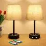 USB Bedside Table Lamp with Outlet, 3-Way Touch Control Dimmable Bedroom Lamp, Set of 2 Bedside Nightstand Lamps Fabric Shade for Bedroom Living Room Office, E26 LED Bulb Included