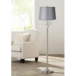Modern Floor Lamp Satin Steel Chrome Crystal Chandelier Light Gray Satin Drum Shade for Living Room Reading Bedroom - 360 Lighting