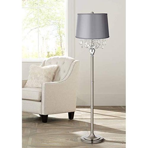 Modern Floor Lamp Satin Steel Chrome Crystal Chandelier Light Gray Satin Drum Shade for Living Room Reading Bedroom - 360 Lighting