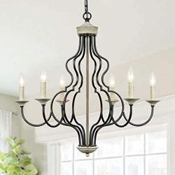 Lampundit 6-Light Farmhouse Chandelier for Dining Room Kitchen Island Lighting Hanging Fixture, 27.5 inches Diameter, Oil Black & Gray Finish