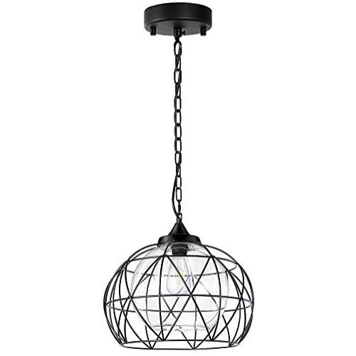 Wellmet 1-Light Hanging Lights,14.5 Inch Outdoor Chandelier Black Cage Pendant Lighting with Glass Shades,Porch Gazebo Barn Light Fixture Perfect for Dining Room,Bar,Aisle,Hallway,Entryway,Foyer