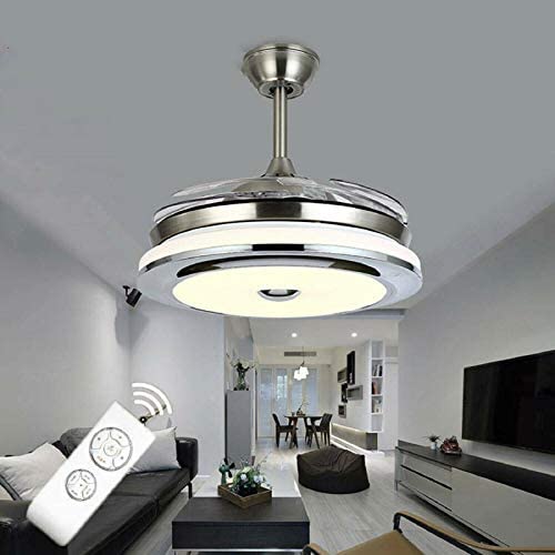 Shueriu Ceiling Fan Light with Remote Control Retractable Invisible Blades - 42 LED Integration Three-Color Light Retractable Crystal Ceiling Fans for Bedroom Dining/Living Room/Villa Yard