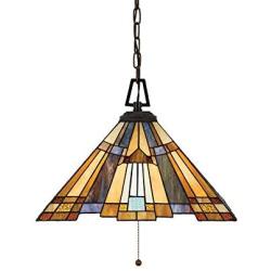 LITFAD Art Deco Pendant Lamp Craftsman Tiffany Geometric Hanging Lamp Stained Glass Pendant Lighting Fixture in Multi Color Ceiling Hanging Light for Dining Room Restaurant Coffee Shop Bar- 8''