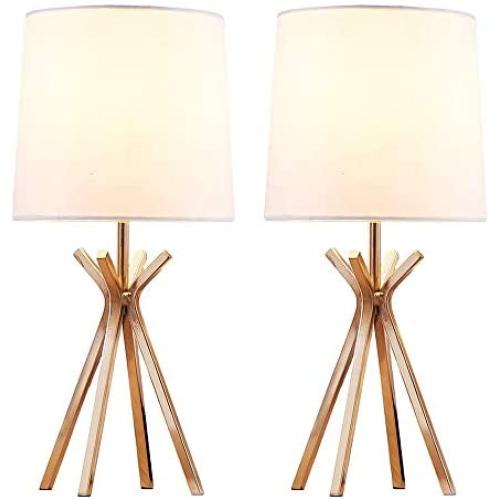 CASILVON Set of 2 Brass Gold Metal Base Bedside Table Lamp, Desk Lamp with TC Fabric Shade for Living Room Bedroom