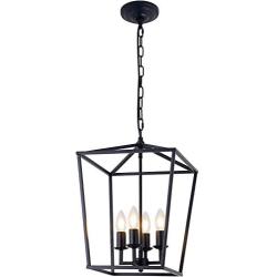 Farmhouse Chandelier 4-Light Vintage Lantern Black Pendant Light Fixture Iron Cage Hanging Light for Kitchen Island Dining Room Hallway Foyer Entryway