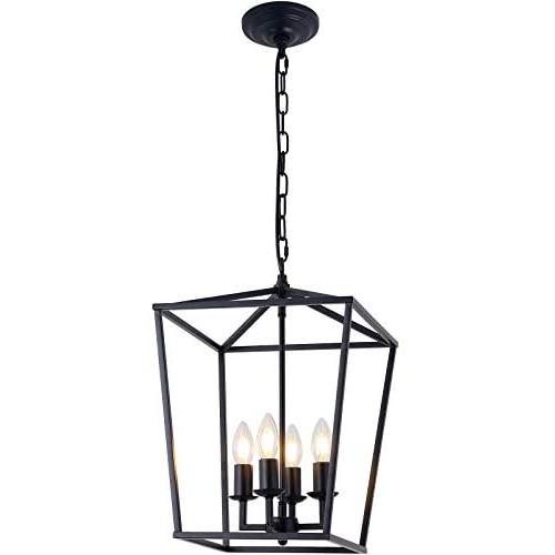 Farmhouse Chandelier 4-Light Vintage Lantern Black Pendant Light Fixture Iron Cage Hanging Light for Kitchen Island Dining Room Hallway Foyer Entryway