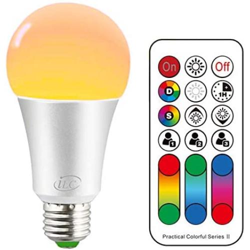 iLC Color Changing LED Light Bulb A19 E26 Screw, 120 Colors 10W Dimmable Warm White 2700K RGB LED Light Bulbs with Remote Control, 60 Watt Equivalent