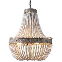 KunMai Rustic Wood Beads Large Chandelier Vintage 3-Light Gray White Pendant Light Dining Room Lamp (Large)