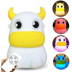 Night Light for Kids, AVEKI Portable Tap Control Rechargeable Nightlight Lamp, Color Changing, Remote Control Silicone Cute Animal Cow Night Lamp Bedroom Decor for Infant or Toddler(Remote Control)