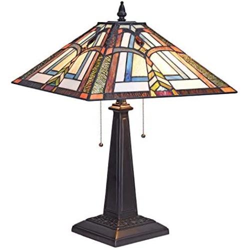 Artzone 2-Light Tiffany Table Lamp 15.9 inch Wide Stained Glass Table Light Desk Lamp Mission Style Welding Table Lamps for Living Room Bedroom