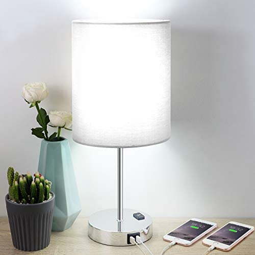 Touch Control Table Lamp, 3 Way Dimmable Bedside Desk Lamps with 2 USB Charging Ports &amp; AC Outlet, Grey Fabric Shade Nightstand Lamp for Bedroom Living Room, Daylight White LED Bulb Included (Silver)