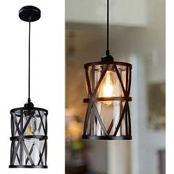 DLLT Industrial Pendant Light, Metal Hanging Ceiling Lights Fixture with Clear Glass Shade, Flush-Mount Swag Lighting for Kitchen/Dining Room/Hallway/Bedroom, E26 Base (Black)