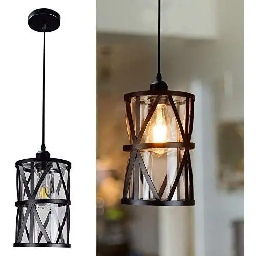 DLLT Industrial Pendant Light, Metal Hanging Ceiling Lights Fixture with Clear Glass Shade, Flush-Mount Swag Lighting for Kitchen/Dining Room/Hallway/Bedroom, E26 Base (Black)