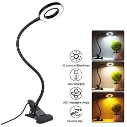 LED Clip Lamp - MEILEYII Reading Clip Light for Desk with 3 Modes of Color and 10 Levels of Brightness,Memory Function& Eye-Caring, 360° Adjustment Goose-Neck,USB Cable,Black