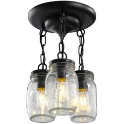 3-Light Mason Jar Pendant Lighting, Farmhouse Glass Pendant Light Fixtures Adjustable, Black Industrial Flush Mount Ceiling Hanging Light for Hallway Kitchen Island Dining Room