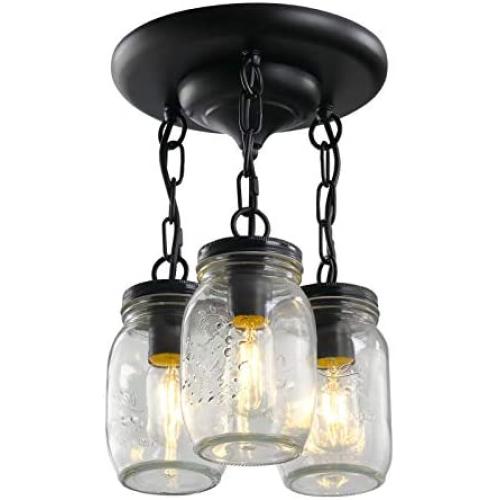 3-Light Mason Jar Pendant Lighting, Farmhouse Glass Pendant Light Fixtures Adjustable, Black Industrial Flush Mount Ceiling Hanging Light for Hallway Kitchen Island Dining Room