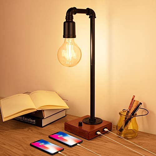 Industrial Table Lamp, Fully Stepless Dimmable Nightstand Lamp with 2 USB Charging Port, Rustic Steampunk Lamp Iron Vintage Bedside Lamp for Living Room, Bedroom, Office, E26 Edison LED Bulbs Included