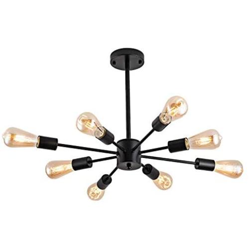 Modern 8-Light Sputnik Chandelier Vintage Semi Flush Ceiling Lights Mid Century Style Pendant Light Fixture for Dining Room Living Room Foyer Coffee Bar Bedroom Black
