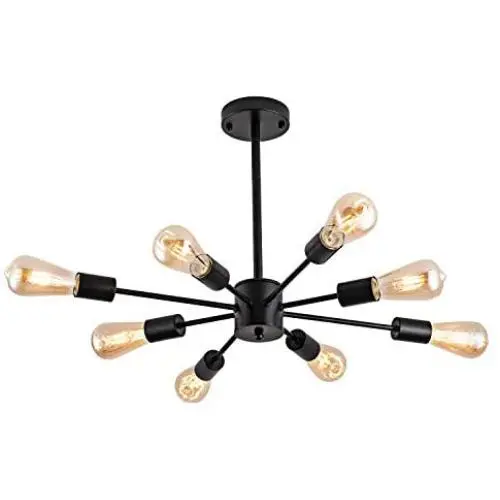 Modern 8-Light Sputnik Chandelier Vintage Semi Flush Ceiling Lights Mid Century Style Pendant Light Fixture for Dining Room Living Room Foyer Coffee Bar Bedroom Black