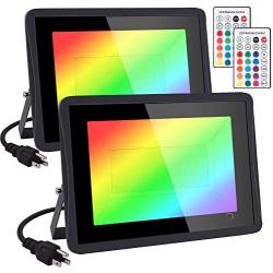 RGB Flood Light 1000W Equivalent HWay 2 Pack 100W Color Changing Flood Light with Remote Control, IP66 Waterproof Dimmable Outside Color Changing Wall Wash Light with Timer and Memory Function