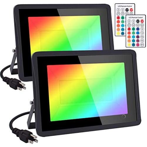 RGB Flood Light 1000W Equivalent HWay 2 Pack 100W Color Changing Flood Light with Remote Control, IP66 Waterproof Dimmable Outside Color Changing Wall Wash Light with Timer and Memory Function