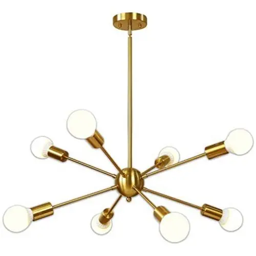 Sputnik Chandelier 8 Light Brushed Brass Pendant Lighting Gold Mid Century Modern Starburst-Style Ceiling Lighting Fixture for Dining Room Kitchen Bedroom Foyer by VINLUZ