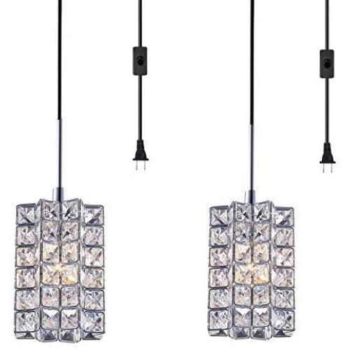 SHUPREGU Modern Plug in Dimmable Pendant Light Ceiling Crystal Light Fixture Chrome Finish Lighting for Kitchen Island, Dining Room, Bedside LED Bulb Not Included, 2-Pack