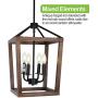 4-Light Rustic Chandelier, Adjustable Height Lantern Pendant Light with Oak Wood and Iron Finish, Farmhouse Lighting Fixtures for Dining Room, Kitchen, Hallway and Entryway, ETL Listed