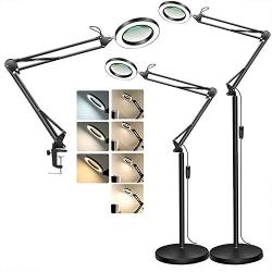 TOMSOO Magnifying Floor Lamp with Clamp, 3 Color Modes, Stepless Dimmable, 5-Diopter Real Glass Lens, Adjustable Stand & Swivel Arm LED Magnifier Light for Reading Sewing Crafts Close Work - Black