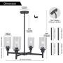VINLUZ 4 Light Glass Farmhouse Chandelier Black Kitchen Lighting Fixture Hanging with Cylinder Clear Glass Pendant Light for Dining Room Bedroom