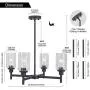 VINLUZ 4 Light Glass Farmhouse Chandelier Black Kitchen Lighting Fixture Hanging with Cylinder Clear Glass Pendant Light for Dining Room Bedroom