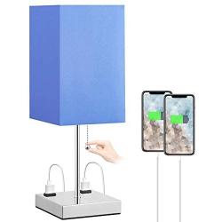 Bedside Table Lamps, Small Table Lamps for Bedroom, with Dual 2-Prong Charging Outlets, Basic Nightstand Lamp for Living Room, Blue/Silver