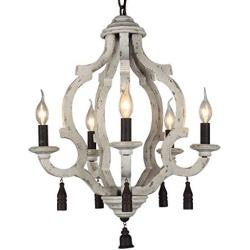 DOCHEER Vintage Rustic Metal Wooden Chandelier Distressed White Farmhouse 5- Lights Wooden Chandeliers Pendant Lighting Fixtures for Dining Room, Bedroom, Living Room, Bathrooms Lighting