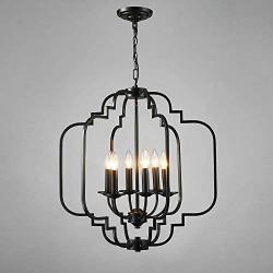 Saint Mossi Black Farmhouse Chandelier with 6 Lights,Lantern Metal Pendant Lighting for Dining Room,Living Room,Kitchen,Foyer,W23''x H26'' with Adjustable Chain