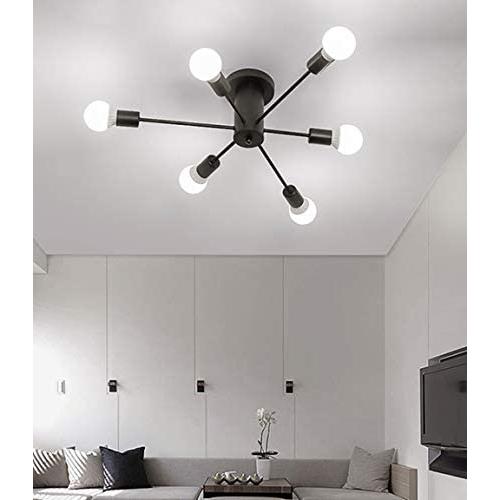 RUXUE Modern Metal Art Oil-Rubbed Sputnik Dining Room Flush Mount Ceiling Light 6 Lights Black Painted Finish Black