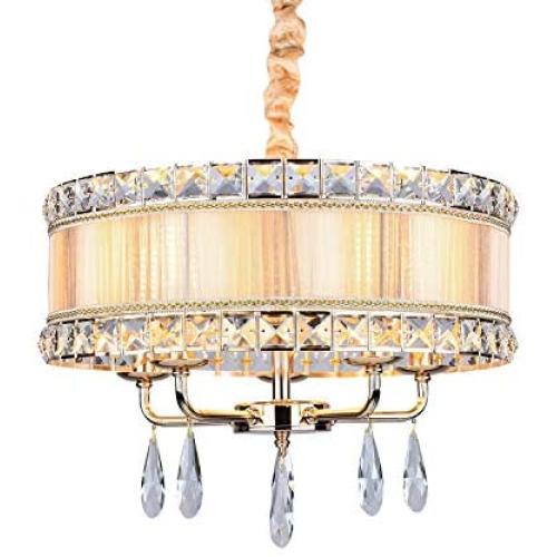 APBEAM Crystal Drum Chandelier Gauze Shade Modern Hanging Gold Pendant Light Fixture Cylinder Shade for Dining Room Kitchen Island D20” x H15.7”